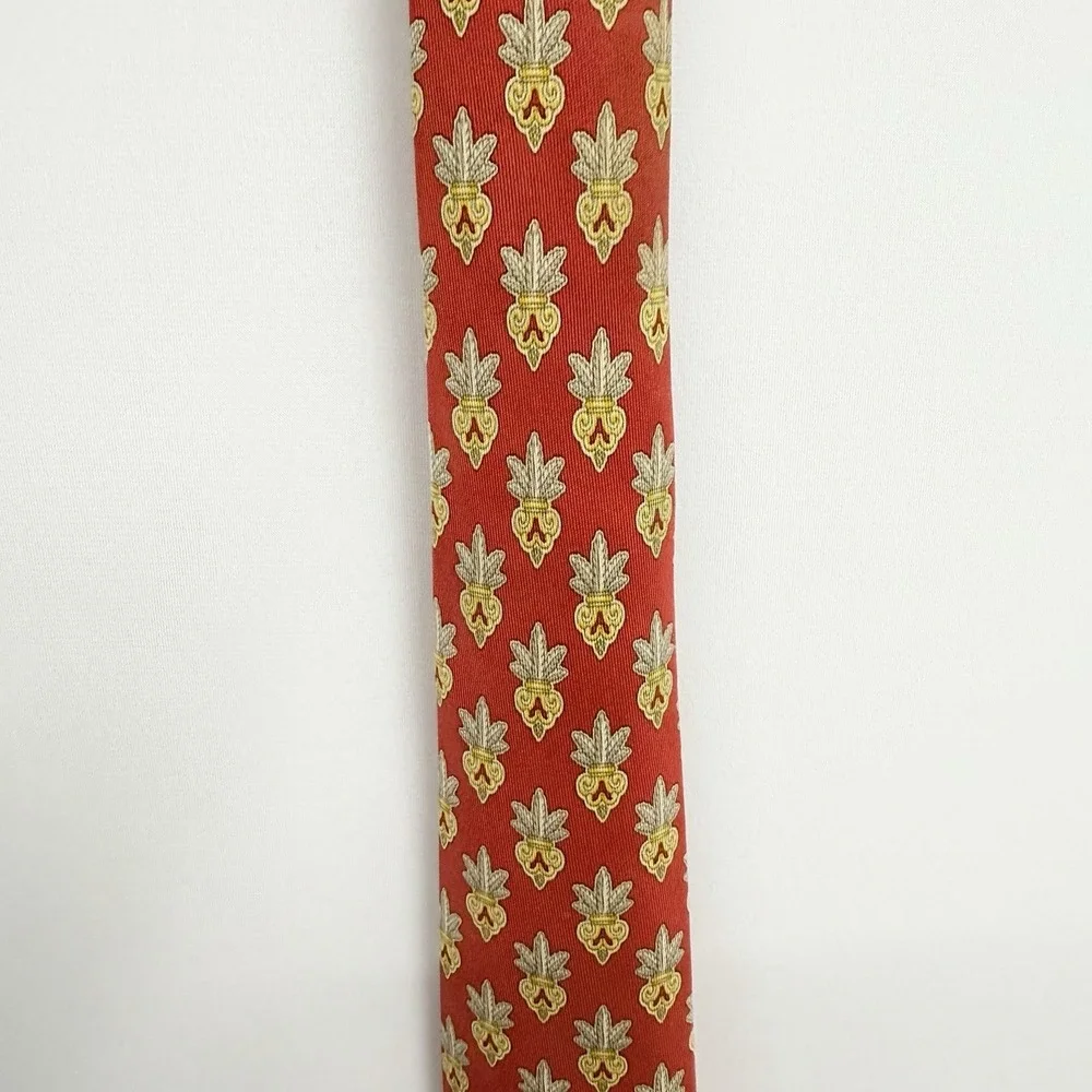 Hermes Men's Tie Floral Plant Vase Red/Green/Gold Silk 7399 PA 3.25